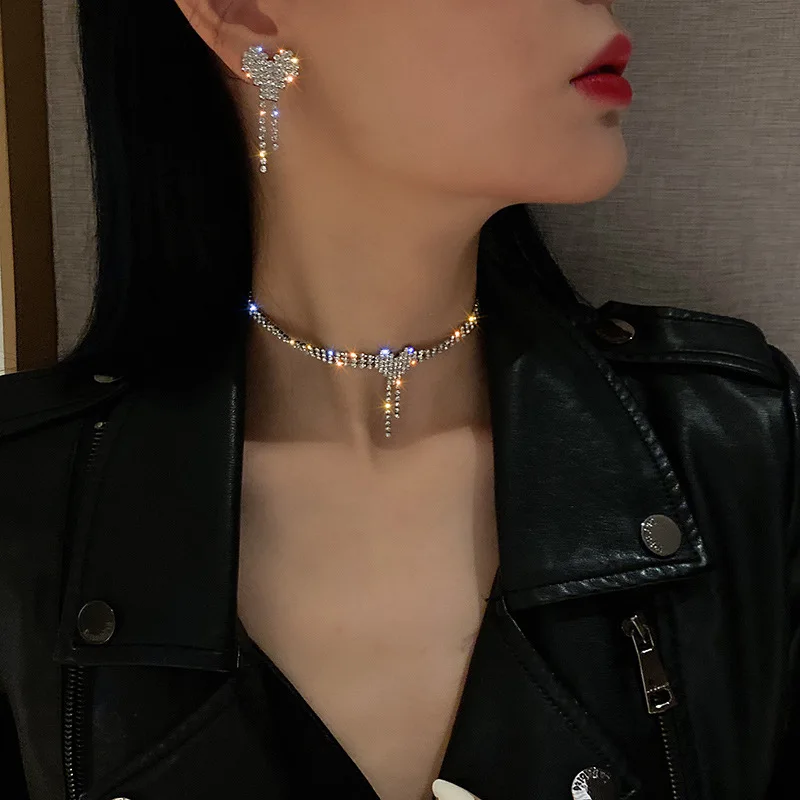 925 Silver Needle Full Diamond Love Tassel Earrings Necklace Set Korean Fashion Distinctive Internet Celebrity Elegant