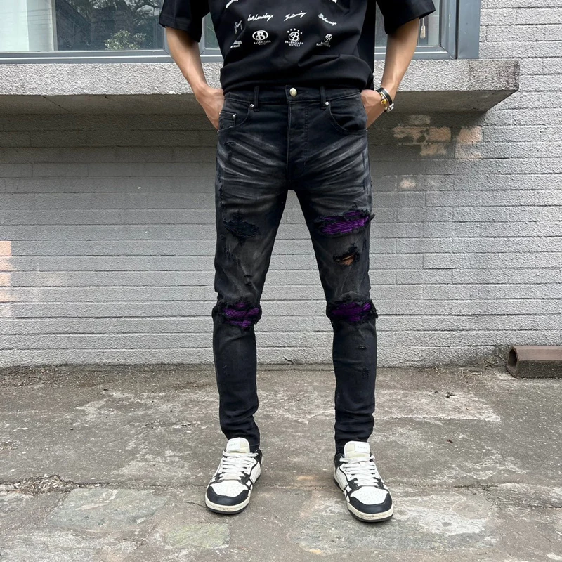 Street Fashion Men Jeans Retro Black Gray Elastic Stretch Skinny Ripped Jeans Men Patched Designer Hip Hop Brand Pants Hombre