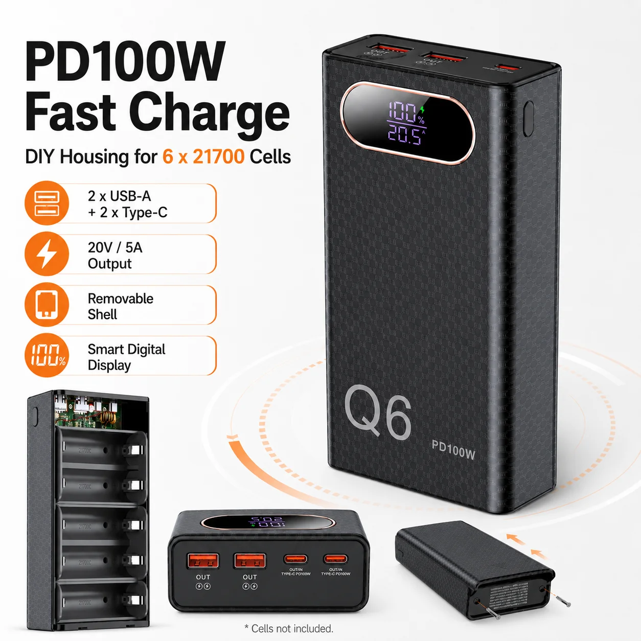 Фото Комплект корпуса для повербанка Q6 PD100W DIY на 6x21700 элементов с плоским контактом, без пайки, с быстрой зарядкой и цифровым дисплеем №3
