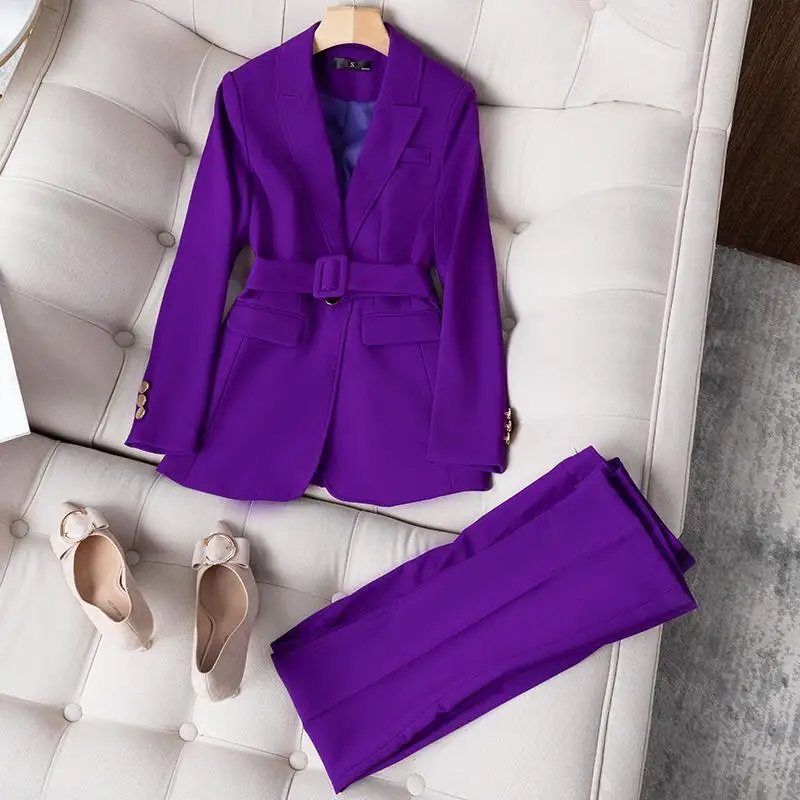 Purple Suit Jacket Women's Autumn and Winter Korean Style Fashion Waist High-end Belt Mid-length Professional Suit Suit 2022 New