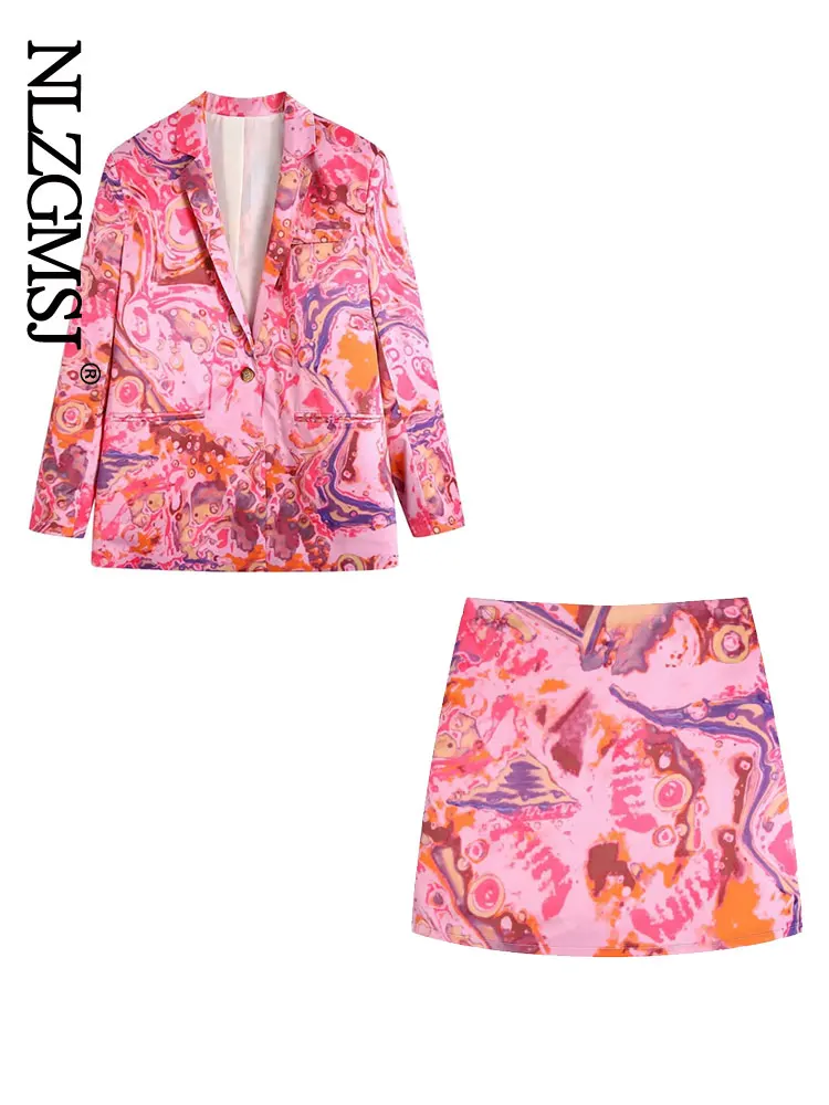 

Женский комплект из двух предметов Nlzgmsj, винтажный блейзер с принтом и длинным рукавом, свободный костюм, женский модный пляжный костюм с юб...