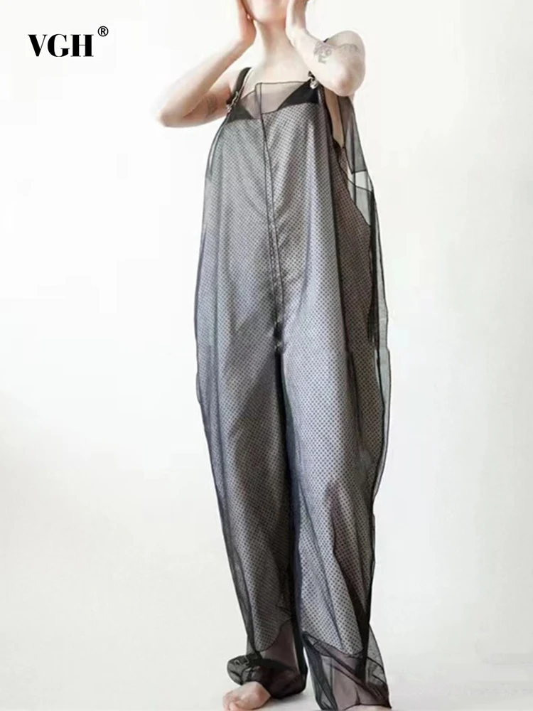 

VGH High Street Wide Leg Jumpsuits For Women Patchwork Mesh Sleeveless Polka Dot Loose Long Jumpsuit Female 2022 Spring Clothing