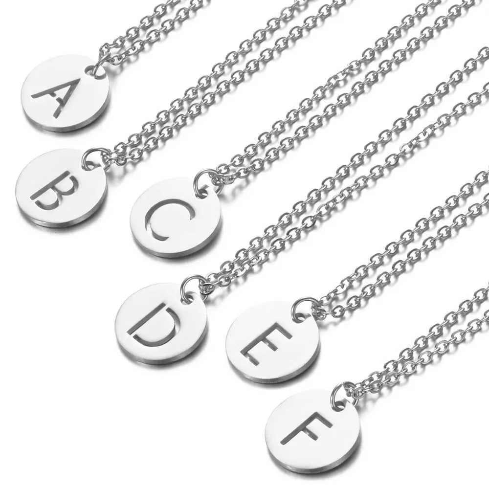 

10PCS Alphabet Initial Capital Letter 26 A-Z Chain Necklace Stainless Steel Luxury English Name Partner Word in Round Coin Charm