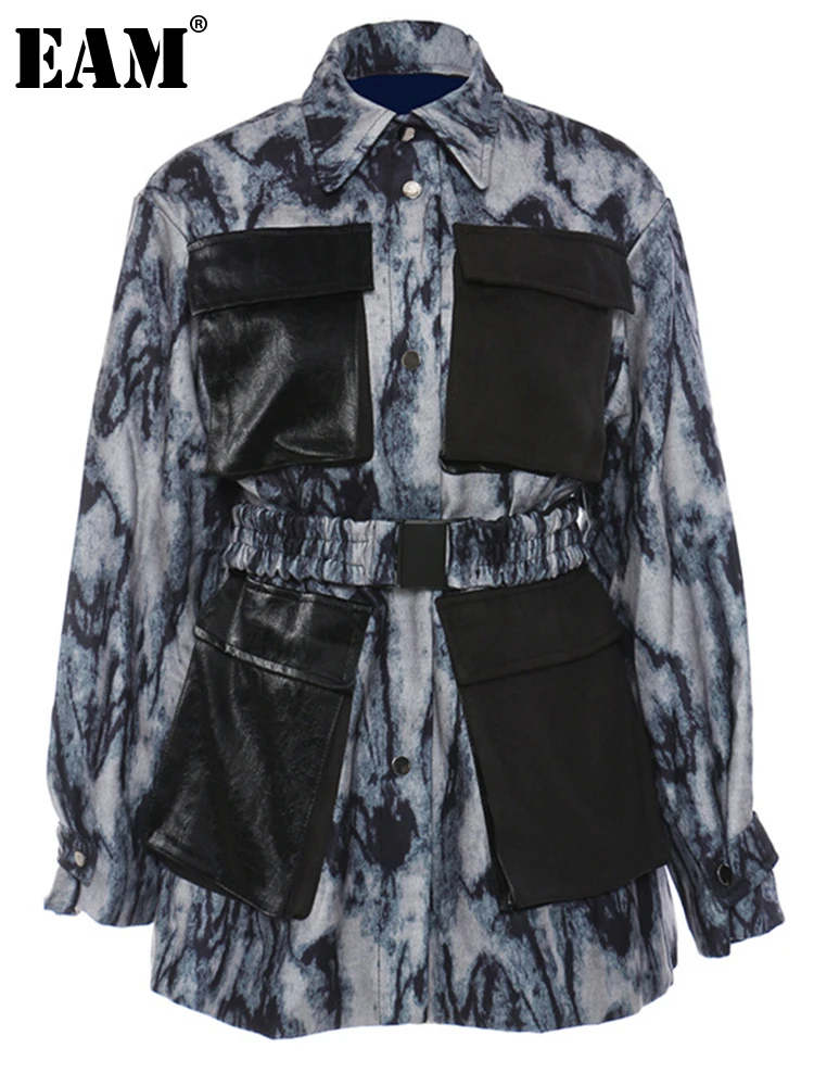 

[EAM] Свободная синяя джинсовая куртка большого размера с принтом, Новое Женское пальто с отворотом и длинным рукавом, модная демисезонная 2022 ...