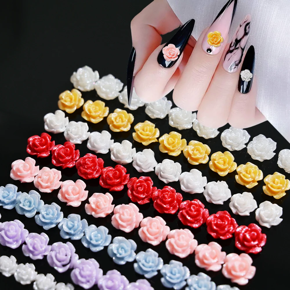 

8 Colors 100Pcs Rose Camellia Nail Art Decoration White Ice Through 3D Flower DIY Resin Manicure Decals Decorations Accessories