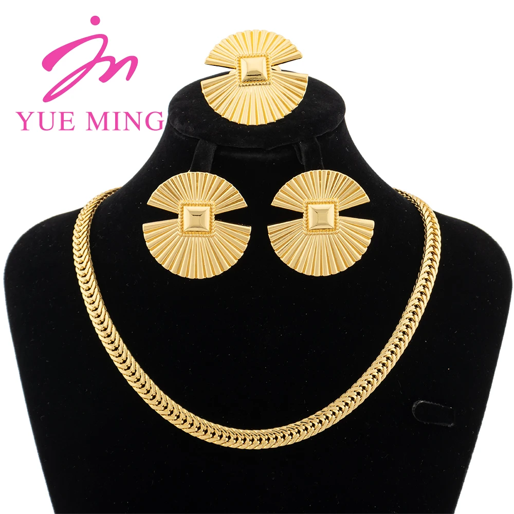 

YM Gold Plated Jewelry Sets for Women Dubai Ethiopia African Party Wedding Gifts Necklace Earrings Ring Pendant 45cm Chain