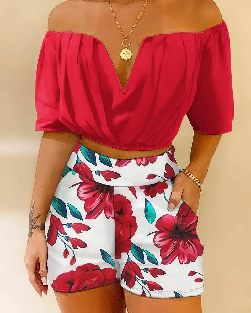

Casual Suits Summer Sexy Off-the-shoulder Short Sleeve Pullover T-shirts Ladies Elastic Waist Printed Pocket Shorts 2pcs Sets