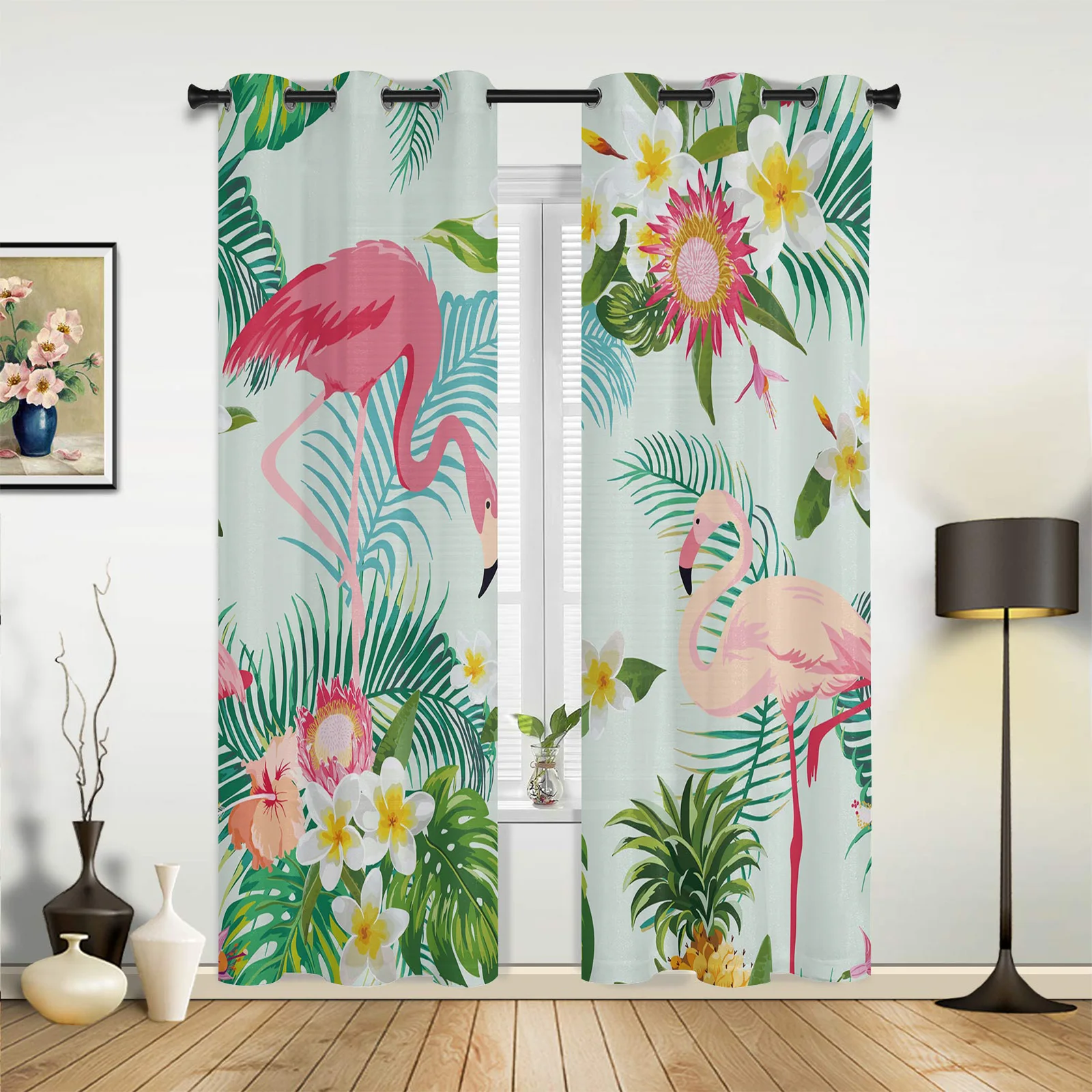 

Flamingo Tropical Flower Window Curtain Translucidus for Living Room Left and Right Biparting Open Printed Drapes for Bedroom