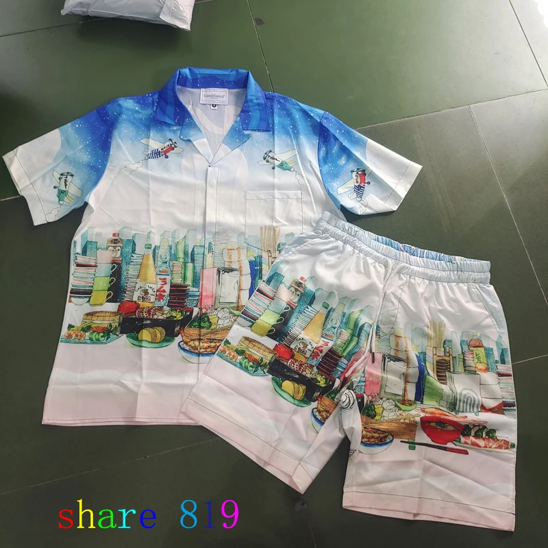 CAFE CASA Snowy Mountain Aircraft Cuisine Print Casablanca Short Set Men Women Hawaii Beach Holiday Short Sleeve Suitt