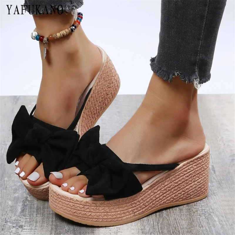 

Fashion Suede Big Bow Decor Wedge Slide Sandals Clip-toe Slippers Thick Bottom Platform High Heels Casual Shoes