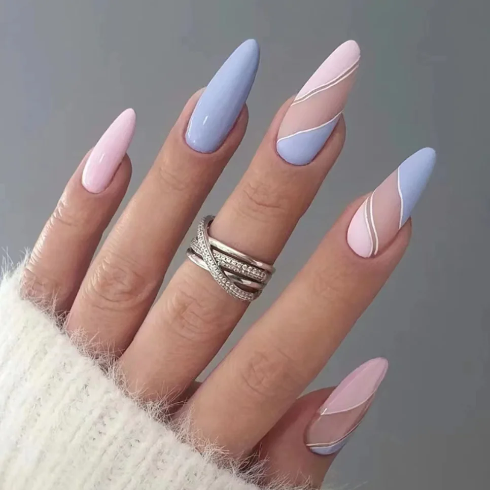 

24Pcs Teardrop Blue Pink False Nail Art Full Cover Removable Artificial Fake Nails Coffin Long Ballerina Press-On Nails Art