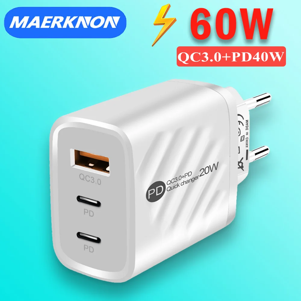 60W USB Charger PD 40W Fast Charging Mobile Phone Adapter For iPhone Samsung Xiaomi Huawei Quick Charge 3.0 USB Type C Charger
