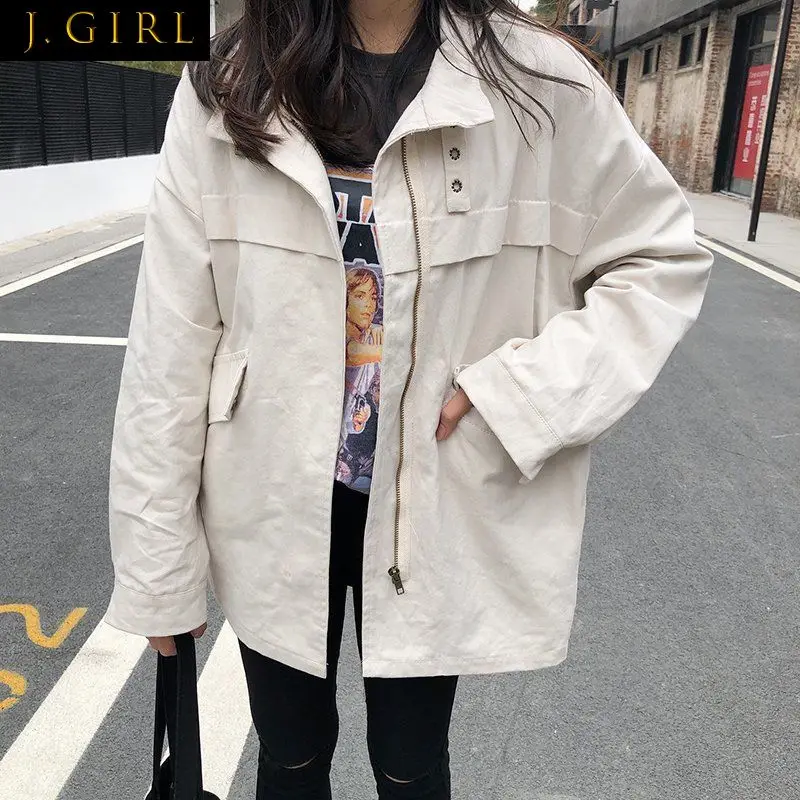 

Jackets Women Pure Color Loose Spring College Unisex Simple All-match Outwear Couple Harajuku Chic Popular Cozy Retro Pockets