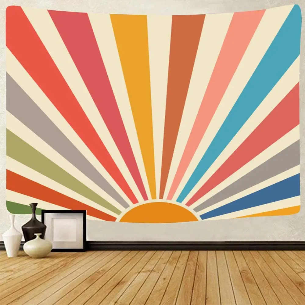 

Vintage Sun Tapestry Boho Wall Hanging Retro 70s Rainbow Sunrise Sunset Minimal Geometric Grunge Abstract Art Print Hippie