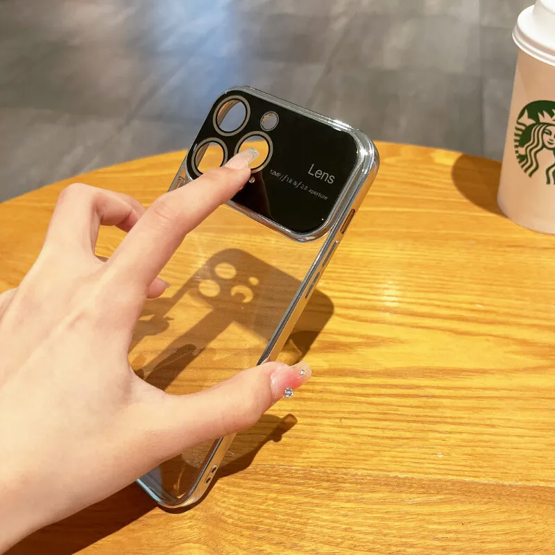 

New Phone Case For iPhone Casing 14 13 12 11 Pro Max TPU Cover Electroplated Border Transparent Big View Window Lensproof Cases