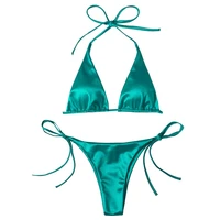 sexy womens metallic halter top two piece swimsuit tie side triangle bikini summer solid bathing suit beachwear bikini set