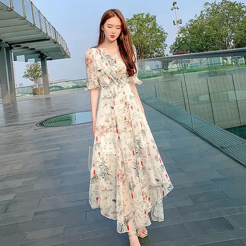 

2022 Women's Summer New French V-neck Long Dresses Female Flower Printed A-line Dress Ladies Short Sleeve Loose Vestidos B20