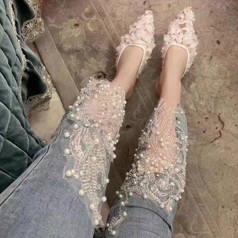 Summer New Jeans Women Korean Style Sweet Heavy Industry Beads Sequins High Waist Slimming Skinny Cropped Pants Fashion Trousers