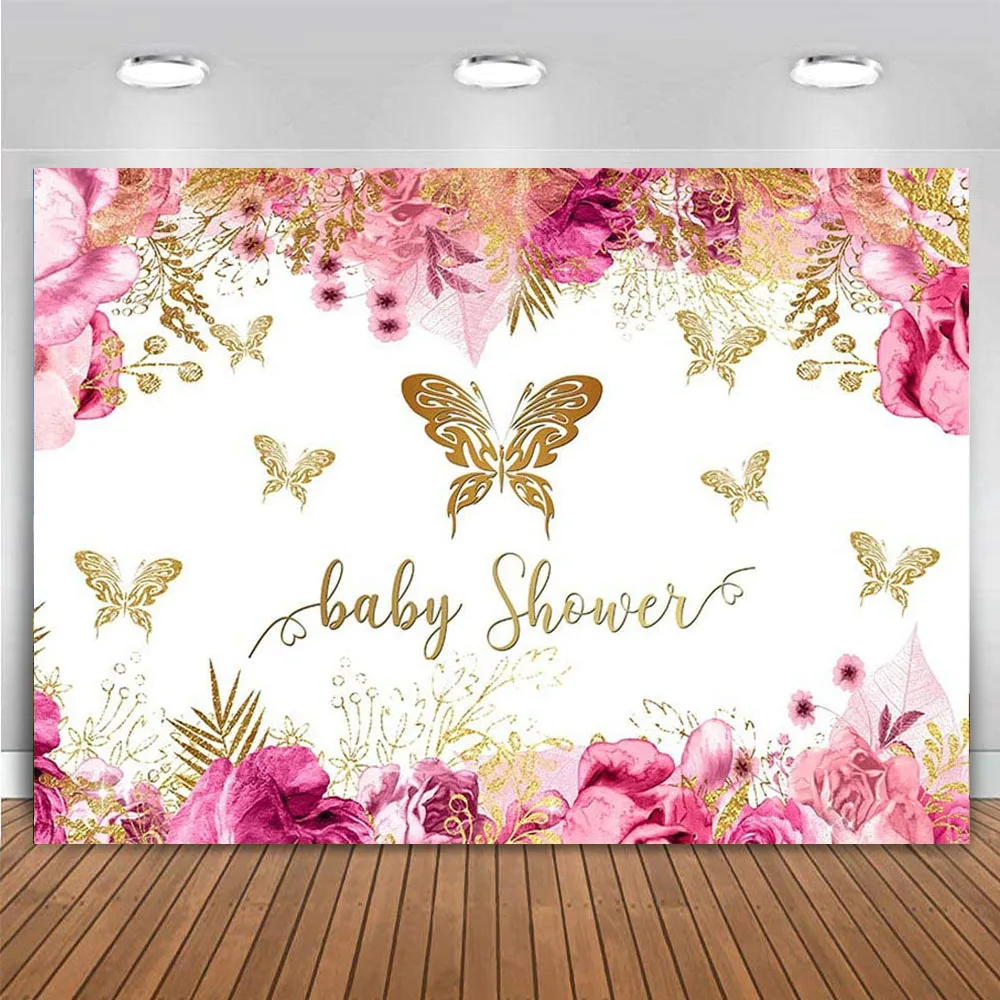

Gold Butterflies Spring Fairy Baby Shower Party Backdrop Banner Photo Booth Backgrounds Red Rose Floral Baby Shower It's a Girl