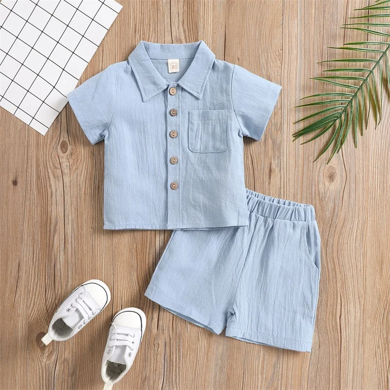 

Summer Autumn 6M-4T 2Pcs Little Boys Outfit Toddlers Solid Color Lapel Short Sleeve Single-breasted Tops + Shorts Set