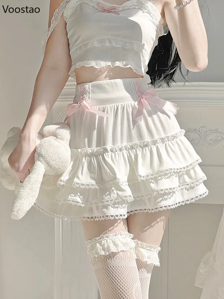 

Милая Белая Женская юбка в японском стиле Лолита, Милая Кружевная мини-юбка с бантом и высокой талией для девушек, элегантные юбки принцессы...