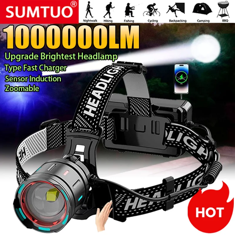 2024 новейший мощный светодиодный налобный фонарь 800 Вт ИК-датчик перезаряжаемая