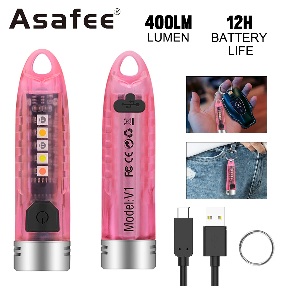 

Asafee V1 EDC Mini 400LM Pink Flashlight 100M Range IPX6 Waterproof Handlamp UV Light Type-c Rechargeable Torch Keychain