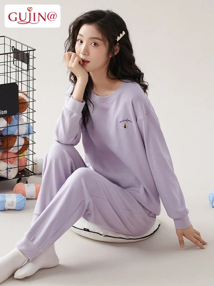 Pajamas Women's Spring and Autumn Pure Cotton Long sleeve round Neck Pullover Casual Set Can Be Worn outside Winte...