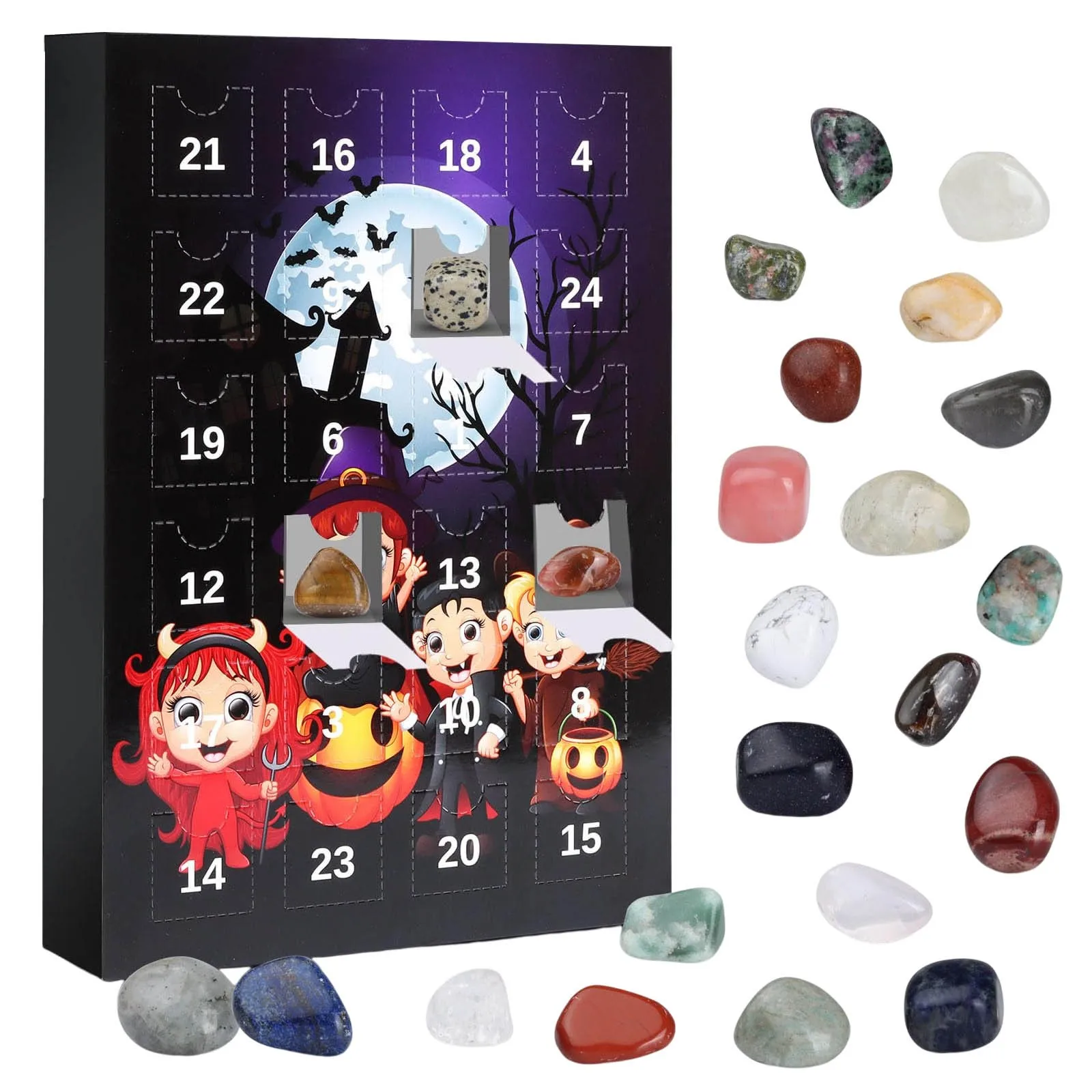 

2023 Halloween Advent Calendar Natural Crystal Stone Box Decorative Stones Children Gift Box.Each Opening Holds A Polished