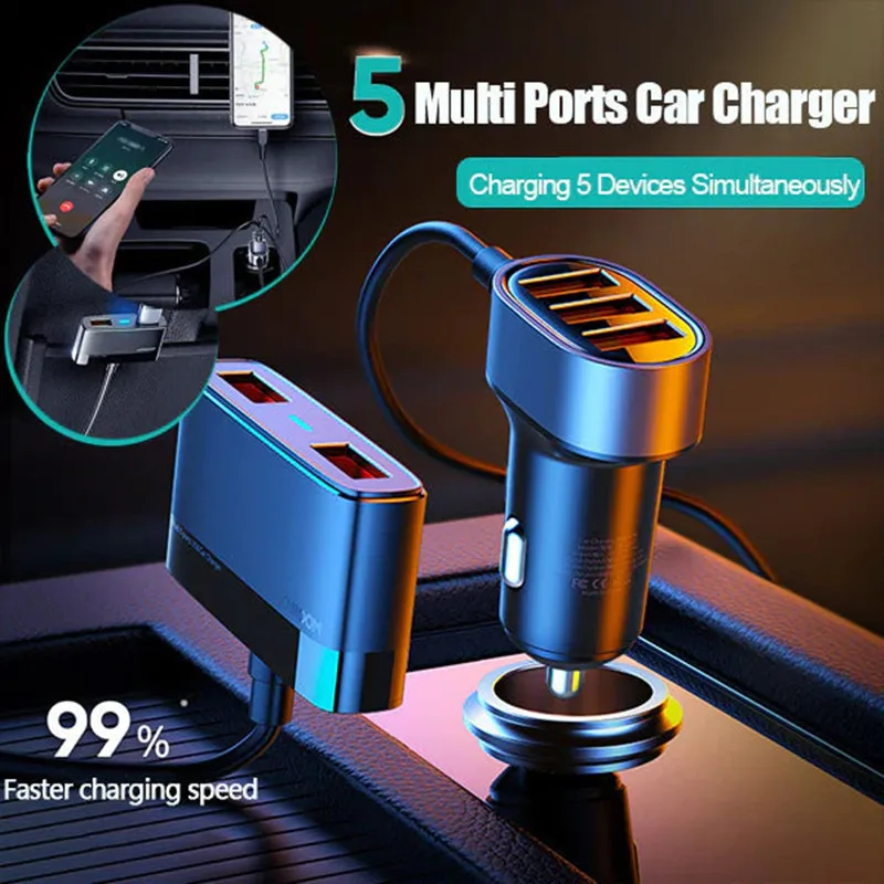 

5 Ports QC3.0+3.1A USB Car Charger Universal USB Fast Adapter with 5ft Extension Cord Cable for MPV USB Car Phone Charger