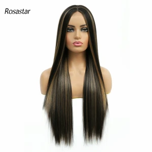 Synthetic Highlight Long Straight Hair Wigs With Middle Part High Quality Heat Resistant Women 's Wigs For Daily Use Or Cosplay