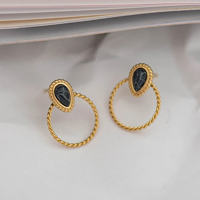 Modne okrągłe kolczyki sztyfty ze stali nierdzewnej dla kobiet cyrkon kropelki wody kamień naturalny plecione koła biżuteria prezenty