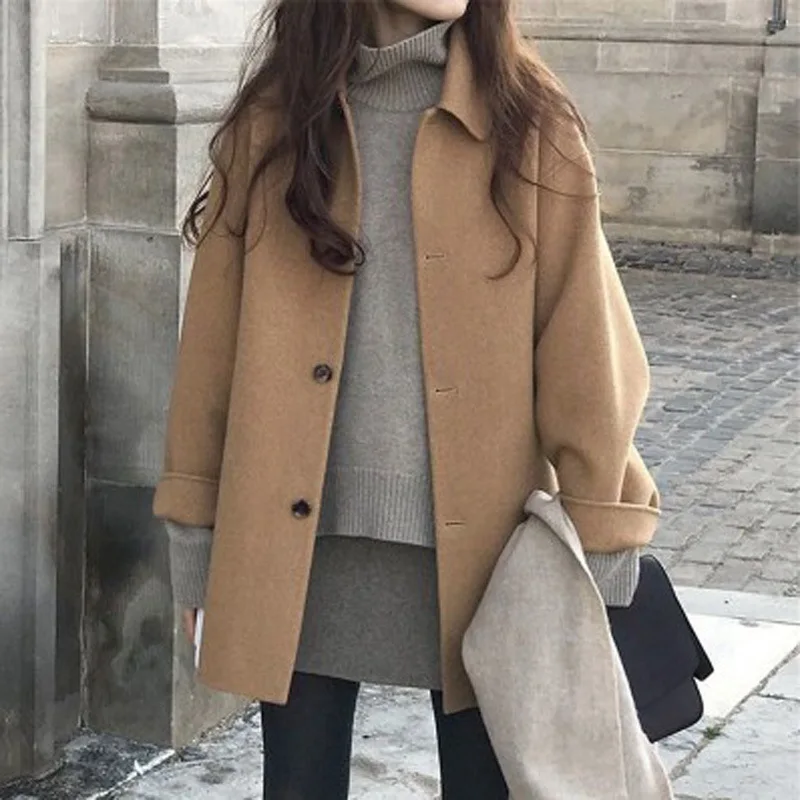 

Women Wool Preppy Thicken Warm Blends Vintage Overcoat Windproof Lapel Straight Single Breasted All Match Minimalist Cool Girls