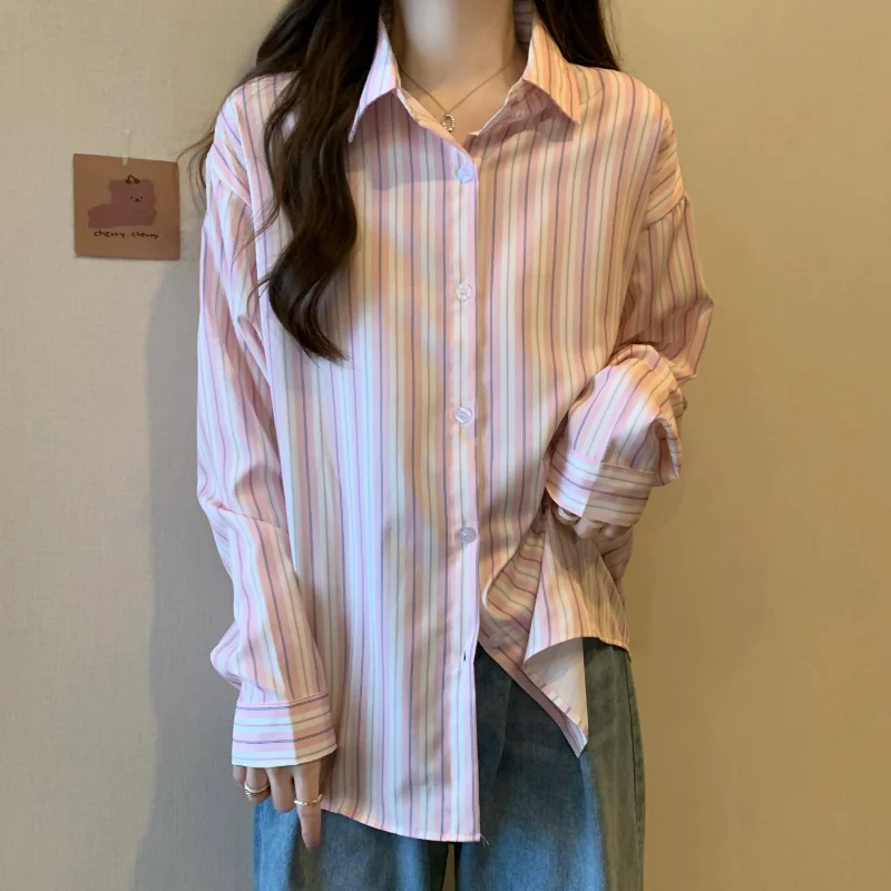 

DUOFAN New Long Sleeve Shirt Female Spring Summer Stripe Design Sense Fashion Blouses Lady Versatile Turn Down Collar BlusasTops