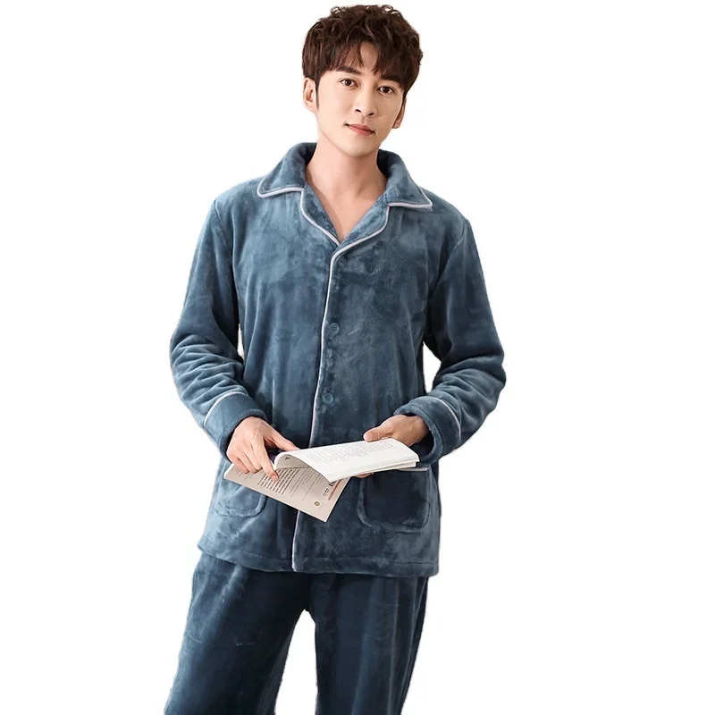 coral velvet pajamas men's autumn winter long sleeved cardigan lapel solid color flannel plush thickened warm home clothes