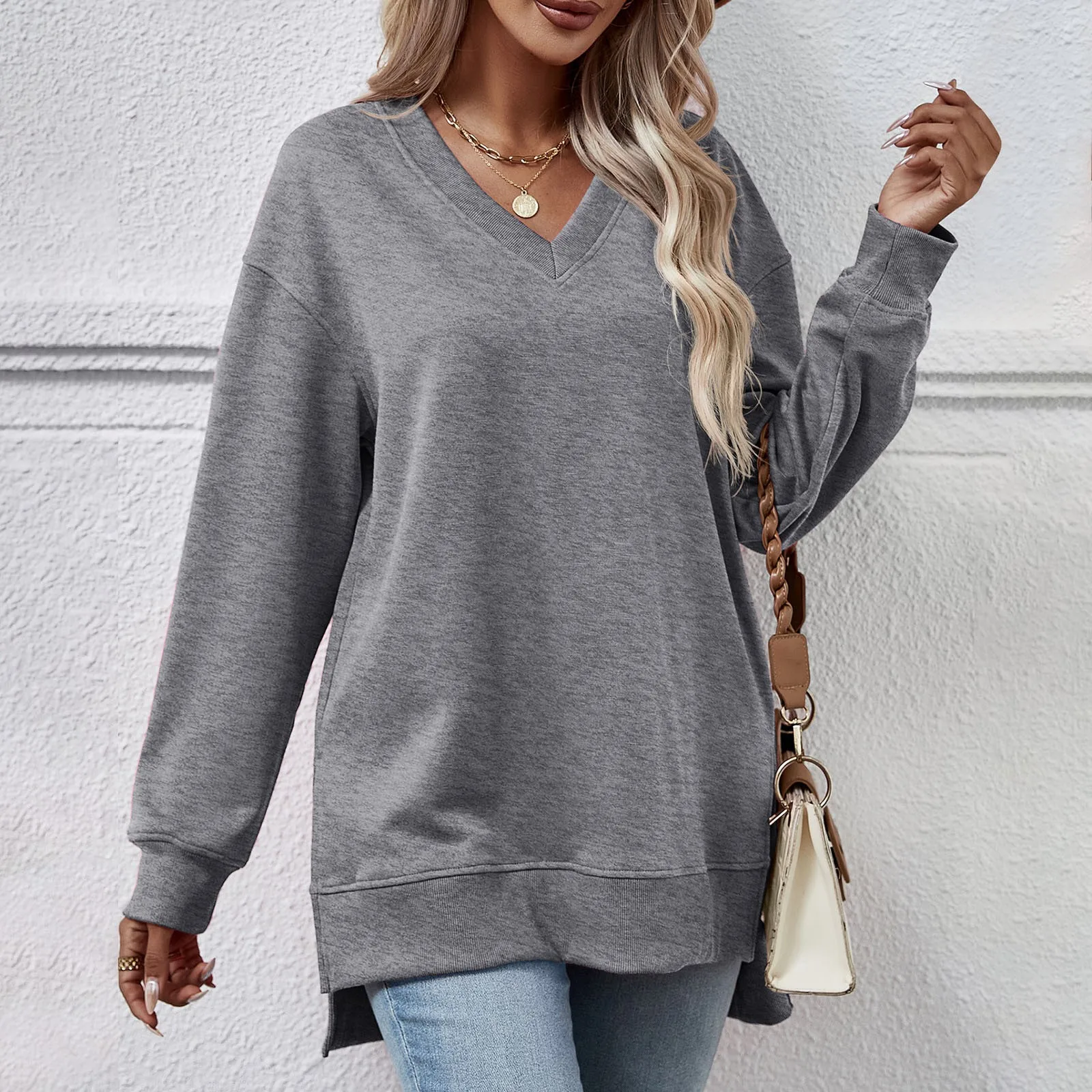 

Women Fashion Solid Casual V Neck Long Sleeve Sweatshirt Slit Sweatshirt Loose streetwear women Clothes Autumn Spring