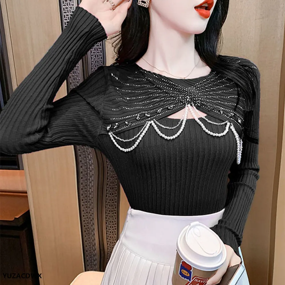 Сексуальные ажурные вязаные свитера женские топы осенний новый джемпер модный