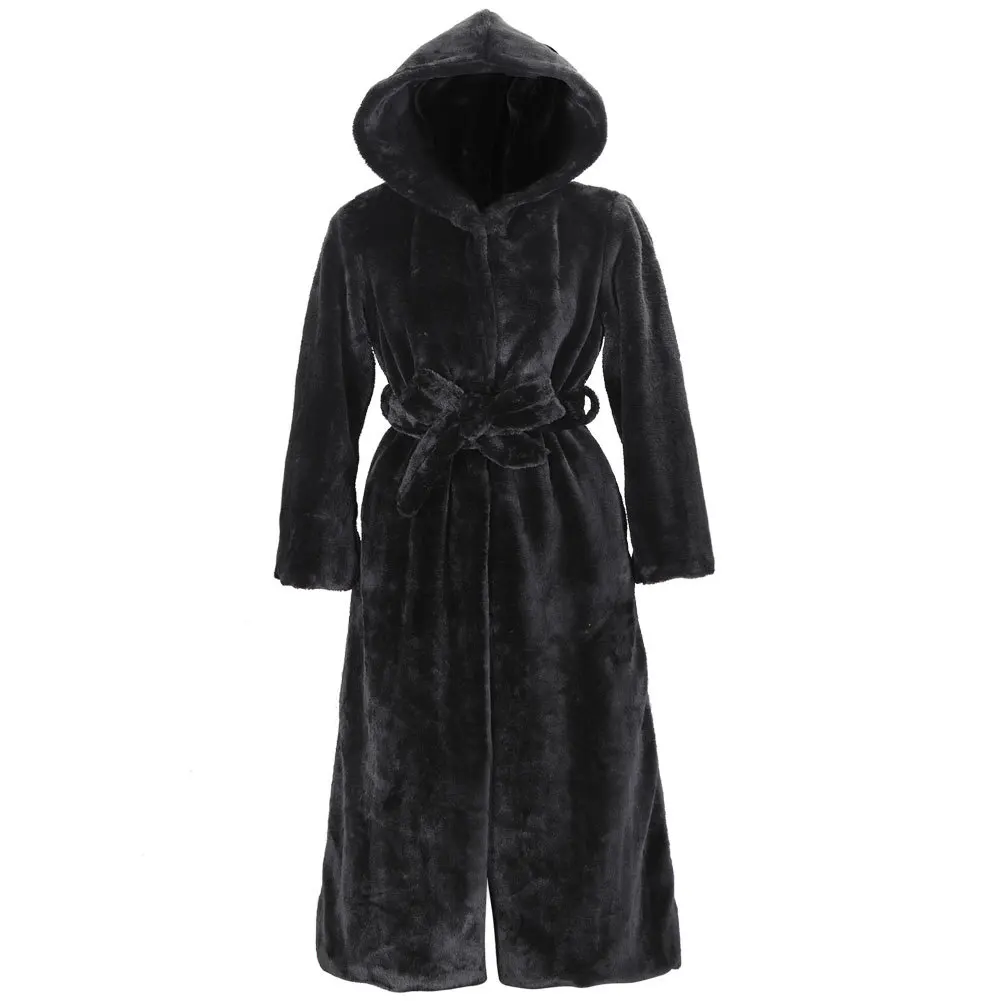 Women's Autumn Winter Collection New Imitation Fur Coat Waist Hooded Cotton Thick Long Plush Trench