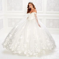 white 3d flowers ball gown quinceanera prom dresses with cape wrap caftan beaded lace long sweet 16 dress vestidos