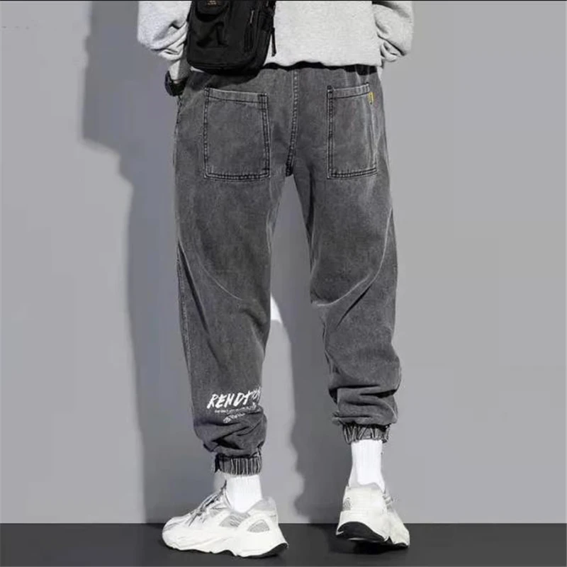 Casual Men Trousers New Autumn Korean Version Fashion Loose Harem Pants Outdoor Elastic Waist Male Washed Denim Jeans Trend Ins