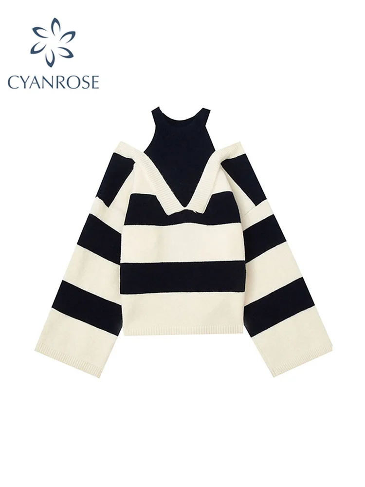 

Women Sweaters Striped Fake Two Pieces Off Shoulder Slash neck Pullovers Womens Trendy Autumn Winter New Chic Knitwear Tops