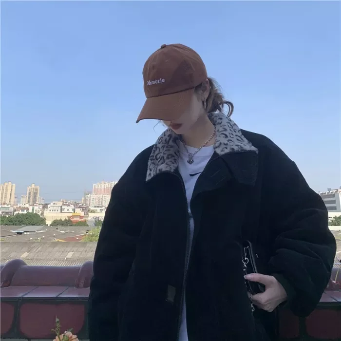 New2022 New Winter Leopard Patchwork Women Coat Corduroy Warm Loose Casual Jacket Female Outwear Elegant Tops