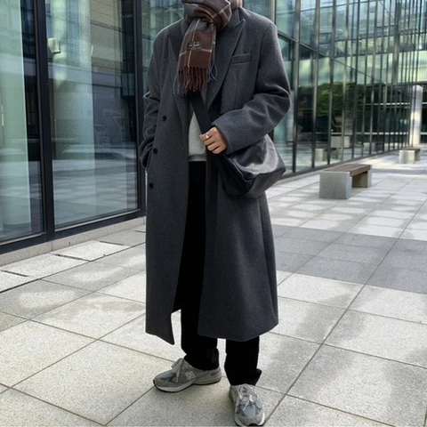 YASUGUOJI мужское длинное шерстяное пальто зимнее корейское модное утепленное двубортное 2022 однотонное Мужское пальто