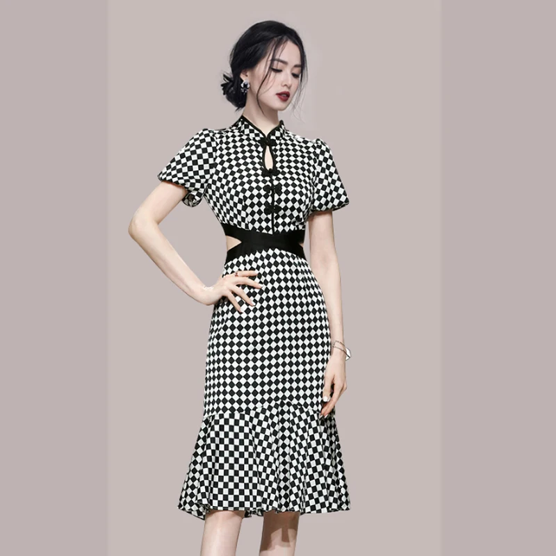 Платье-Ципао в улучшенном стиле длинное ажурное клетчатое ретро платье
