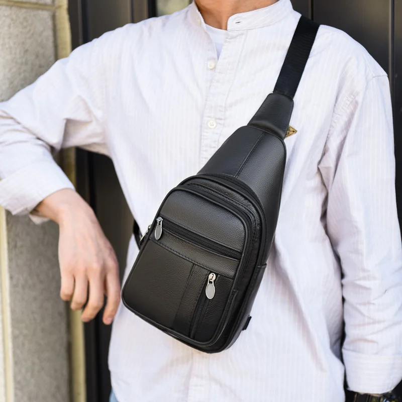 New Genuine Leather Chest Bag Men's Casual Korean Version Men's One Shoulder Backpack Crossbody Bag Top Layer Cowhide Large
