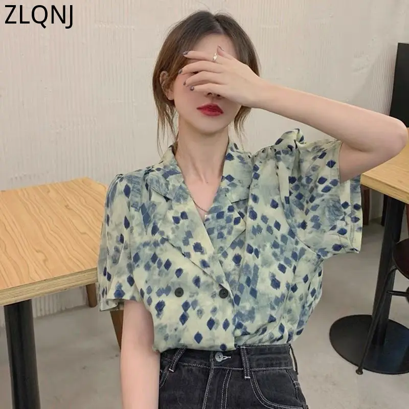 

Geometric Pattern Blouses Tops Summer Clothes for Women Korean Style Short Sleeve Shirt Office Button Up Vintage Hawaiian Shirts
