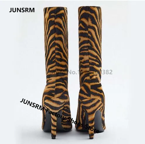 2022 Newest Thin Heels Mid-calf Boots Pointed Toe Brown Leopard Striped Women Suede Bootes Ladies Winter Short Slip On Booties