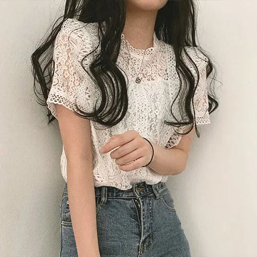 

레이스 반팔 라운드넥 블라우스 INO058A