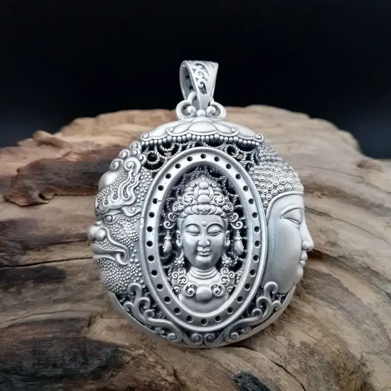 

S999 Sterling Silver Pendant Hollow Jewelry Between Buddha And Devil Pure Argentum Patron Saint Amulet For Men Ans Women Gifts