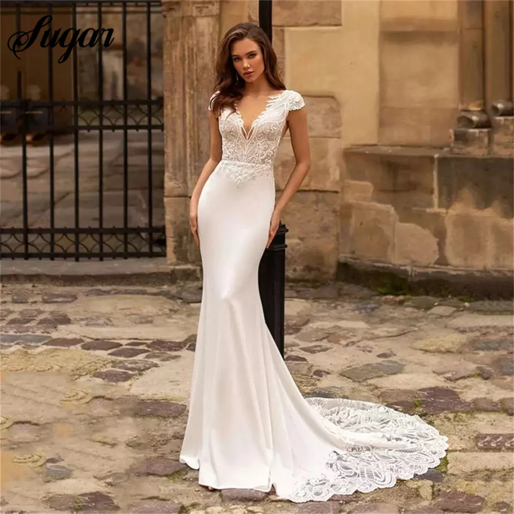 Купи Gorgeous Mermaid Wedding Dresses 2023 Cap Sleeve V-Neck Lace Appliques Sequined Sexy Open Back Sweep Train Ivory Bride Gown за 5,400 рублей в магазине AliExpress